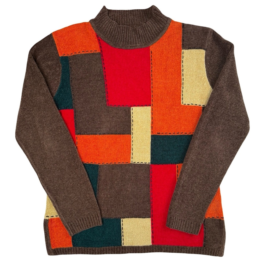 Colorblock Patchwork Chenille Sweater Womens Small‎ Mock Neck Tabi